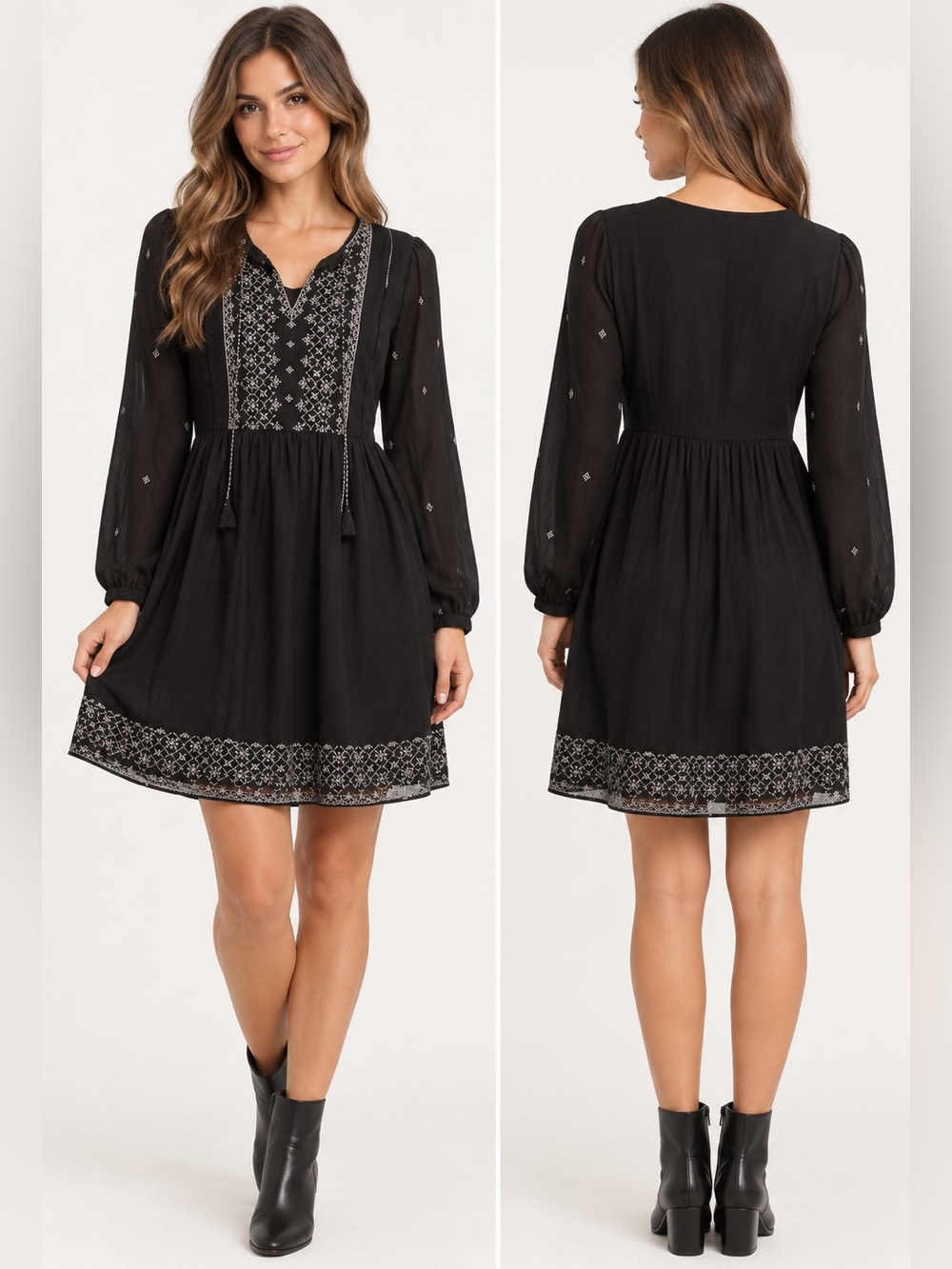 Time and Tru Black Long Sleeve Embroidered midi Peasant Dress Medium